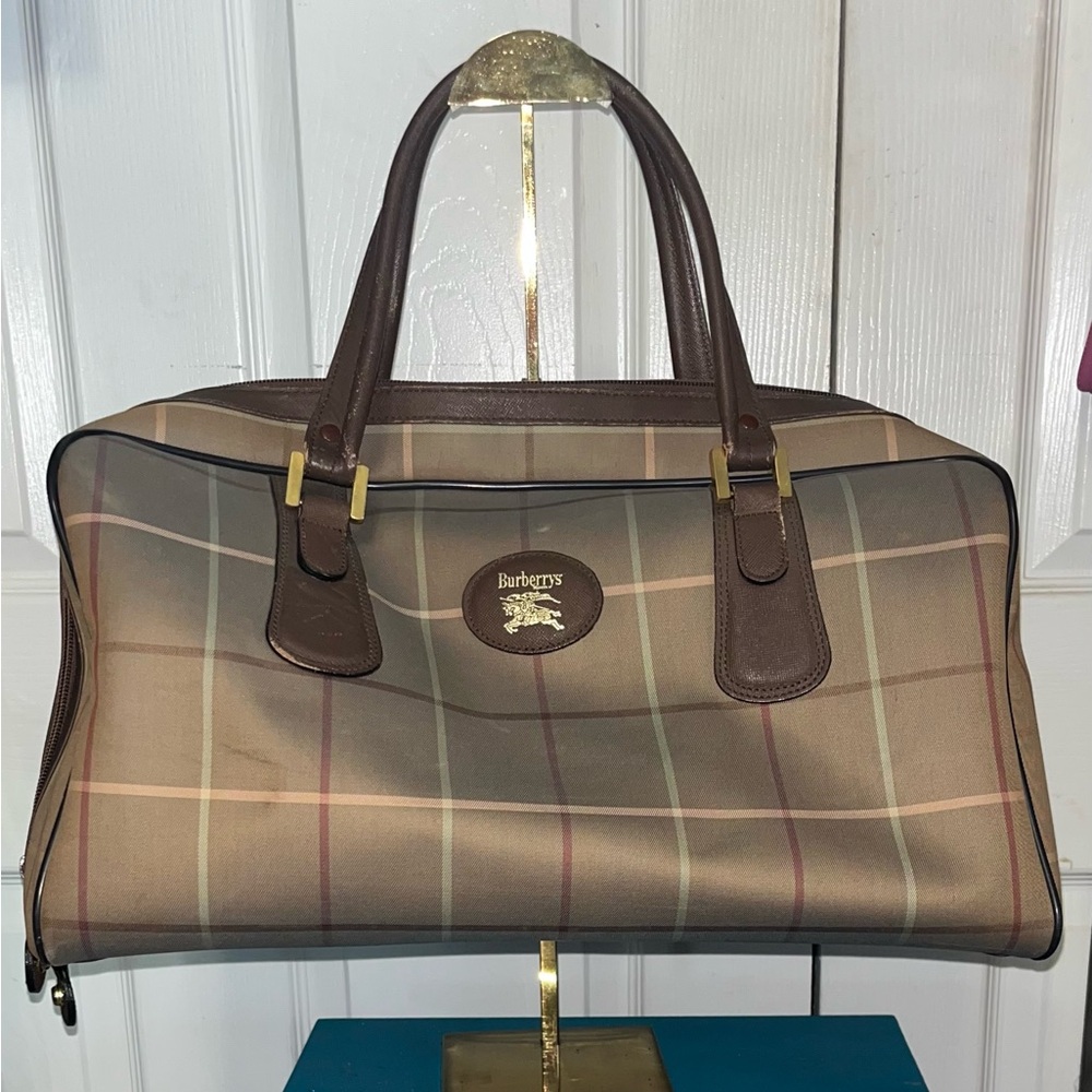 Burberry Tan and Brown Check Duffel Bag